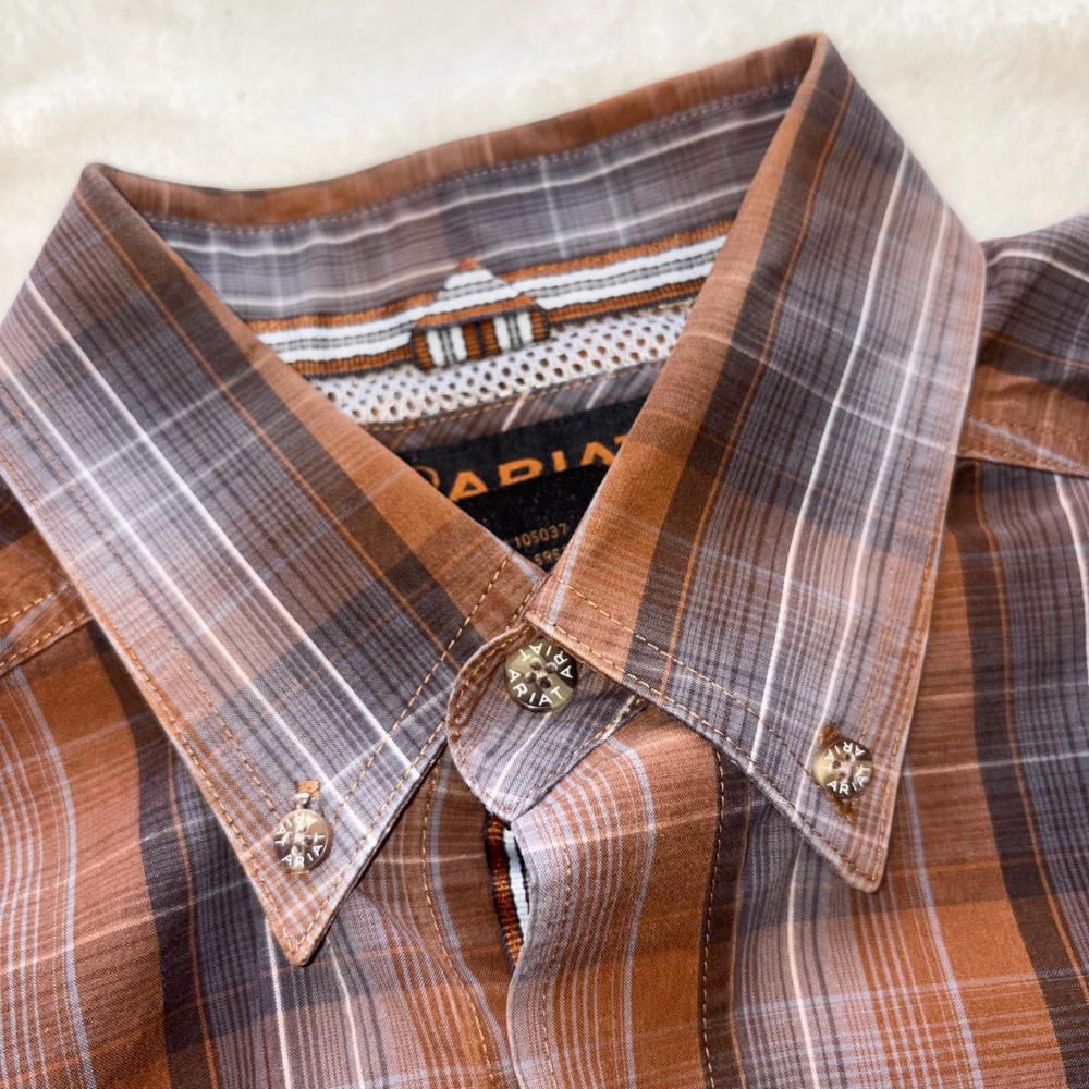 ARIAT Pro Series Button Down Mens Medium Brown Plaid Western Vented Shirt - Picture 2 of 14